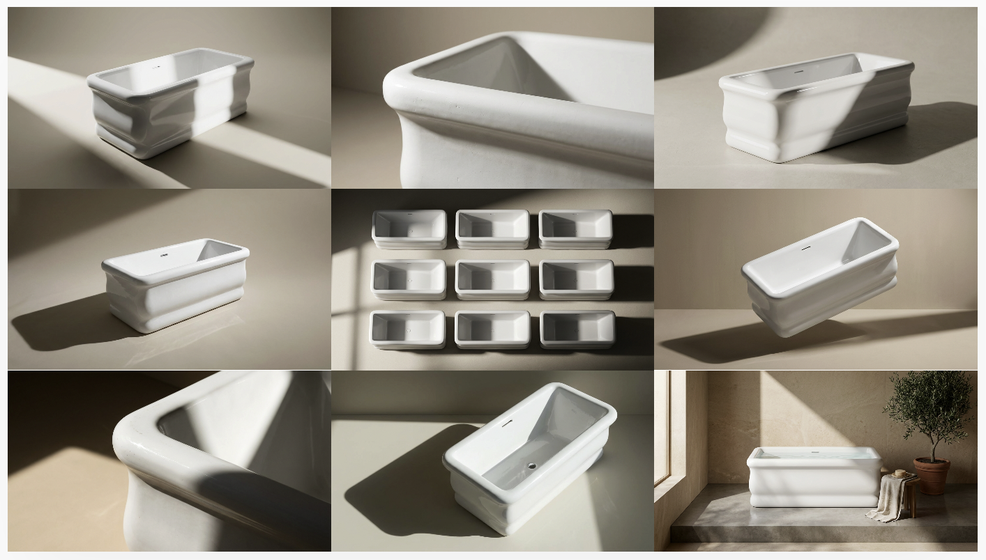 Multi-angle product render suite by Reggie showing a dining table